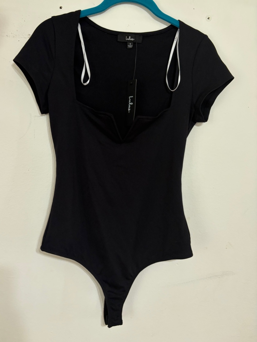 Lulu's Black Scoop Neck Short Sleeve Bodysuit with Thong